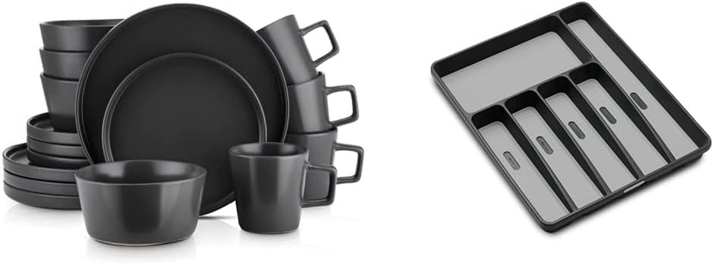 Coupe Dinnerware Set, Service for 4, Black Matte, Matte Black & Madesmart Classi