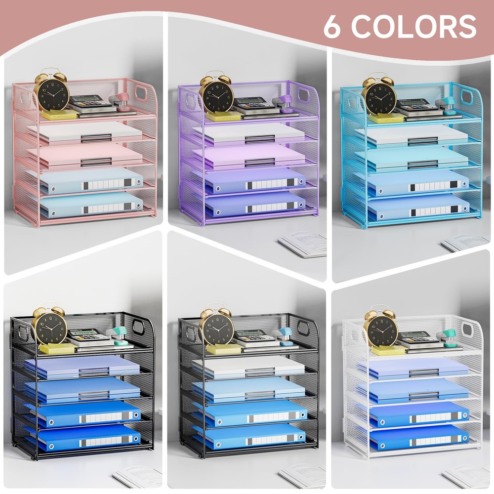 5Tier Stackable Paper Organizer Handle Pink Metal Mesh Letter Tray Sorter