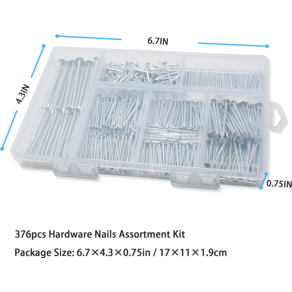 376pcs Premium Hardware Nails Assortment Kit, Maximum One Size, silver/gray