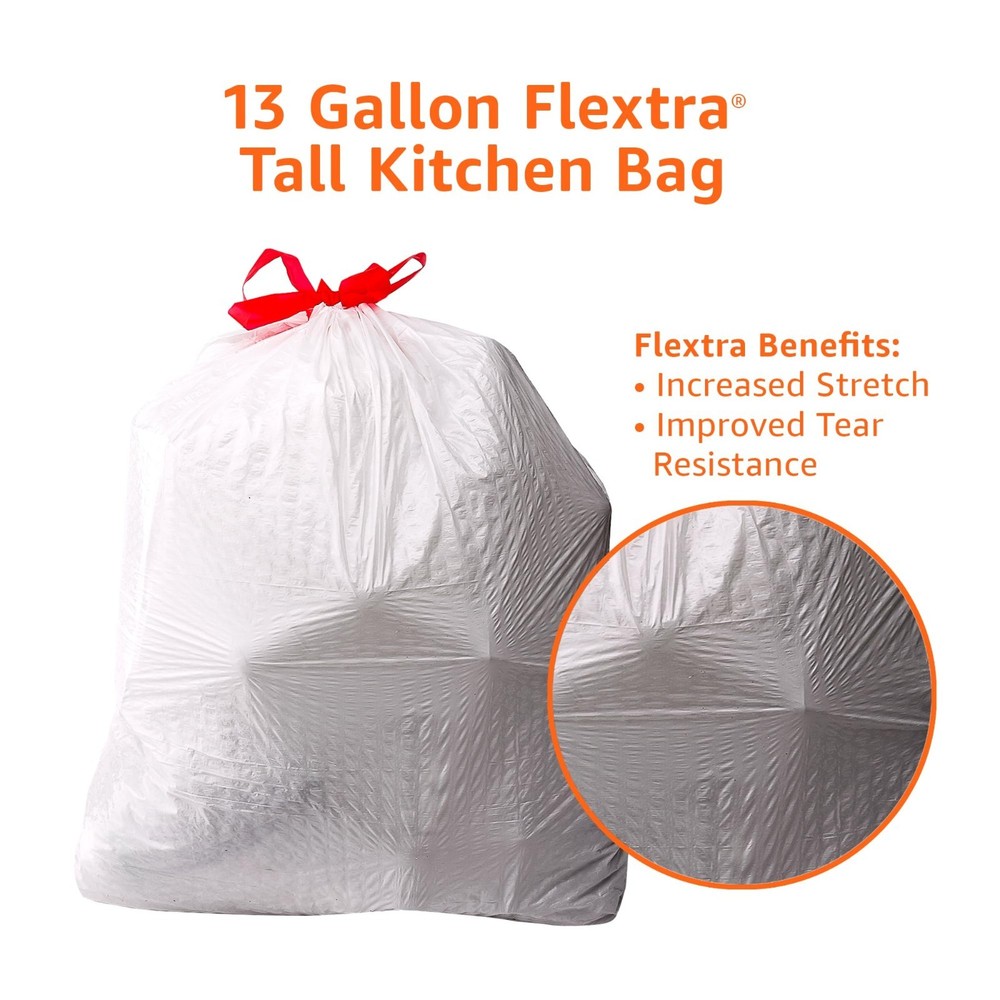 Amazon Basics Flextra Tall Kitchen Drawstring Trash Bags, 13 Gallon, 50 Count, T