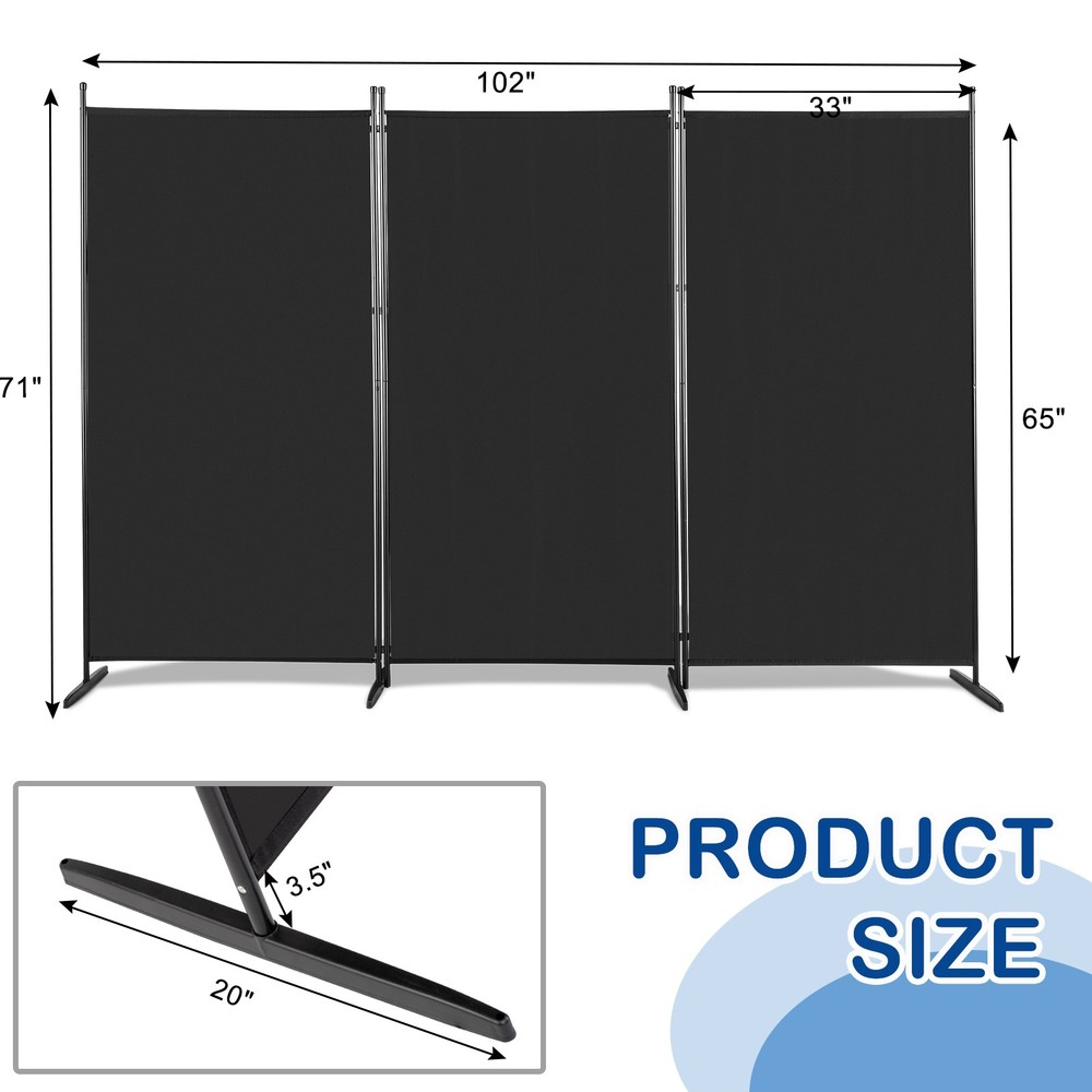 Fabric Plastic Base Carbon Steel Frame Foldable Screen, Black