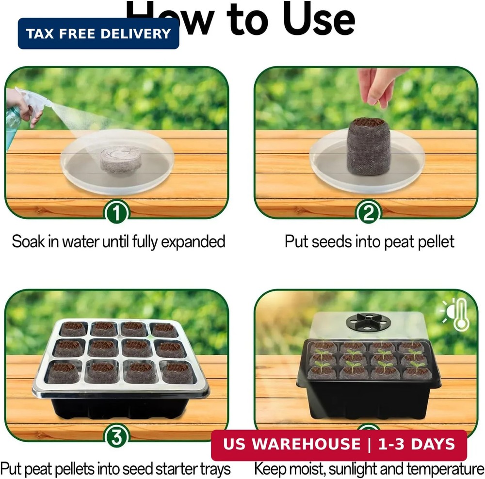 Halatool 4 Pack Seed Starter Tray with 50 PCS Peat Pellets, 48 Cells Black Seedi