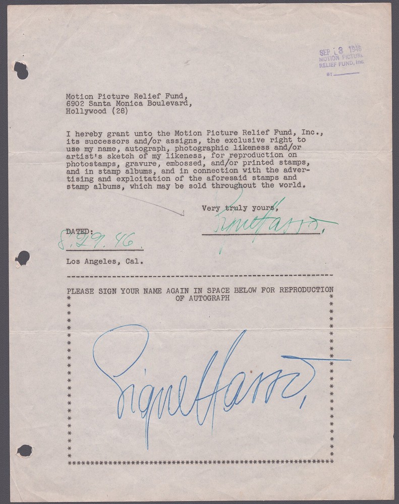 SIGNE HASSO - DOCUMENT DOUBLE SIGNED 08/29/1946