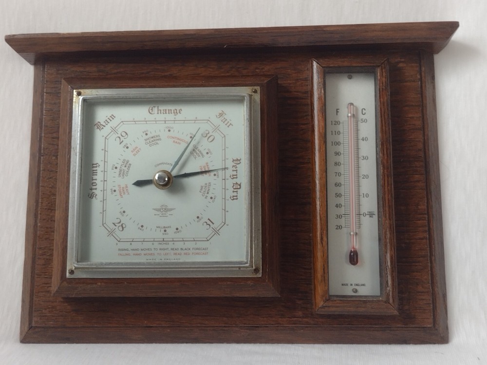 Barometer & Thermometer 1950s Original Rectangular Solid Wood Glass England Made