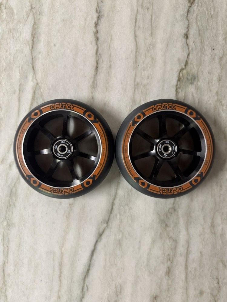 2 – District Pro Scooter Wheels (2 Pack) Size 120 X 28mm Duel Width Core New
