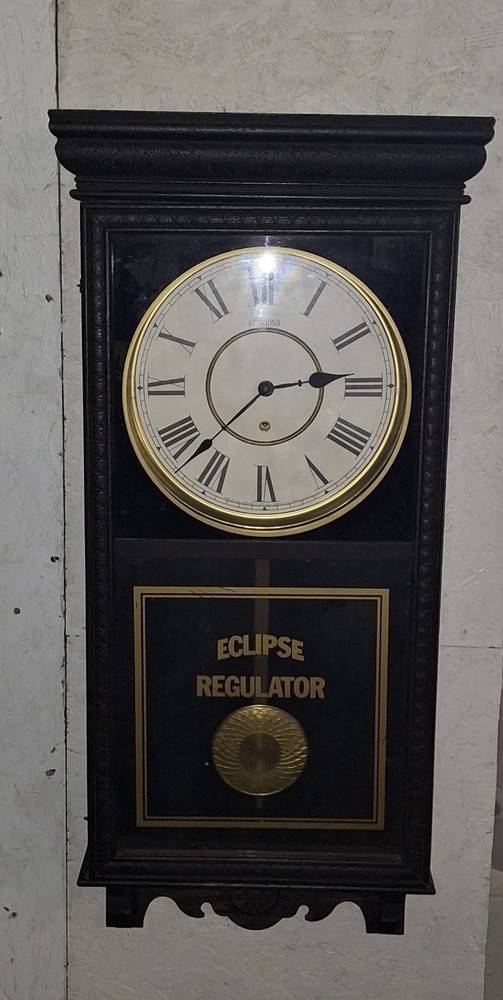 ANTIQUE SESSIONS SHOP REGULATOR "ECLIPSE" WALL CLOCK PENDULUM & KEY WORKING