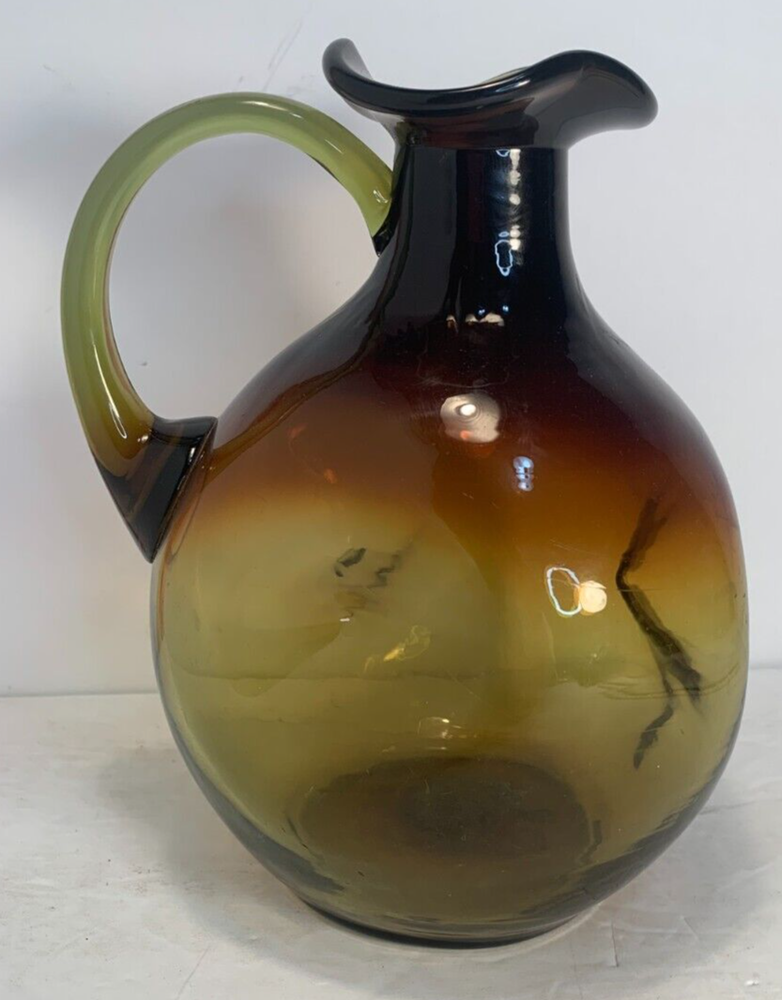 Handblown Glass Decorative Pitcher, Indented Design, Brown/Ambe