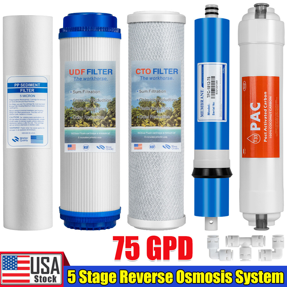 5 Stage Reverse Osmosis System Water Filter with 75GPD RO Membrane +3 Connectors