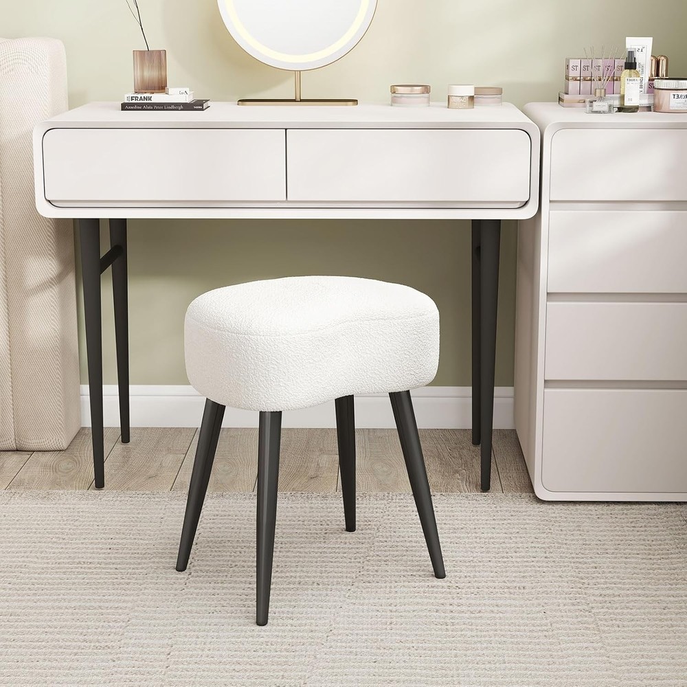 White Vanity Stool Soft Makeup Stool W/ Solid Metal Legs Vanity Corner Morden