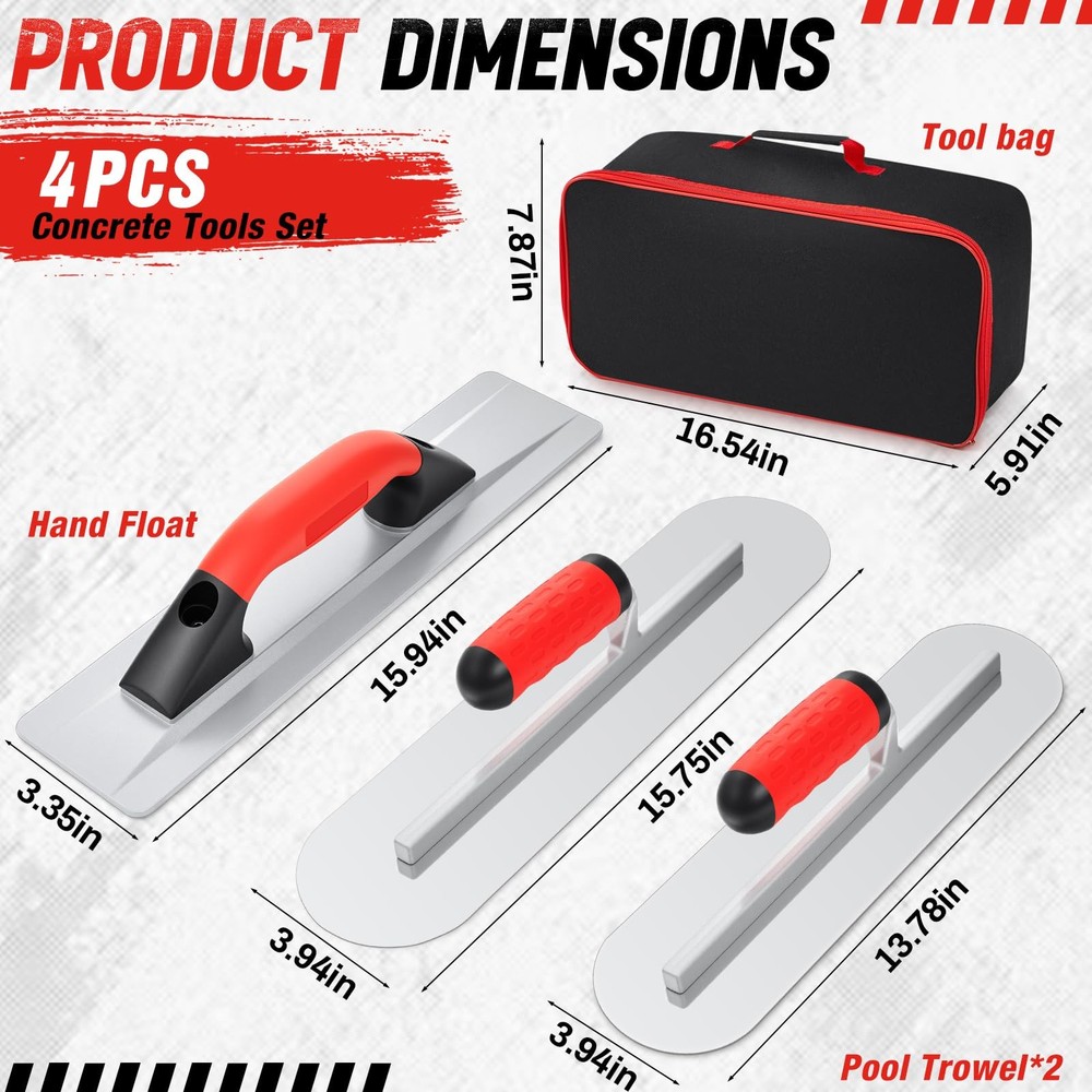 4 Pcs Concrete Hand Tools Set Includes Cement Magnesium Hand Float 16'' x 3-1.