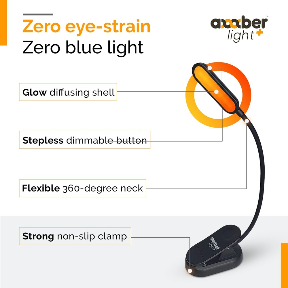 Amber Reading Light + Red Light. Giftable Blue Light Blocking Book Light for Rea