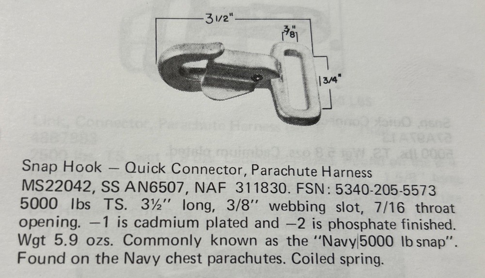 AN6507-1 Parachute Snap Hook Strap 11.5” Harness Connector Navy 5000lb