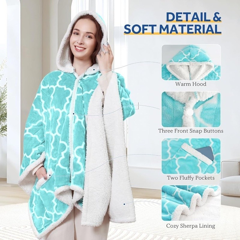 Wearable Heated Blanket W/ Sherpa Lining Adjustable Temperature & Pockets Blue