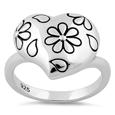 925 Sterling Silver Flower Leaf Heart Ring