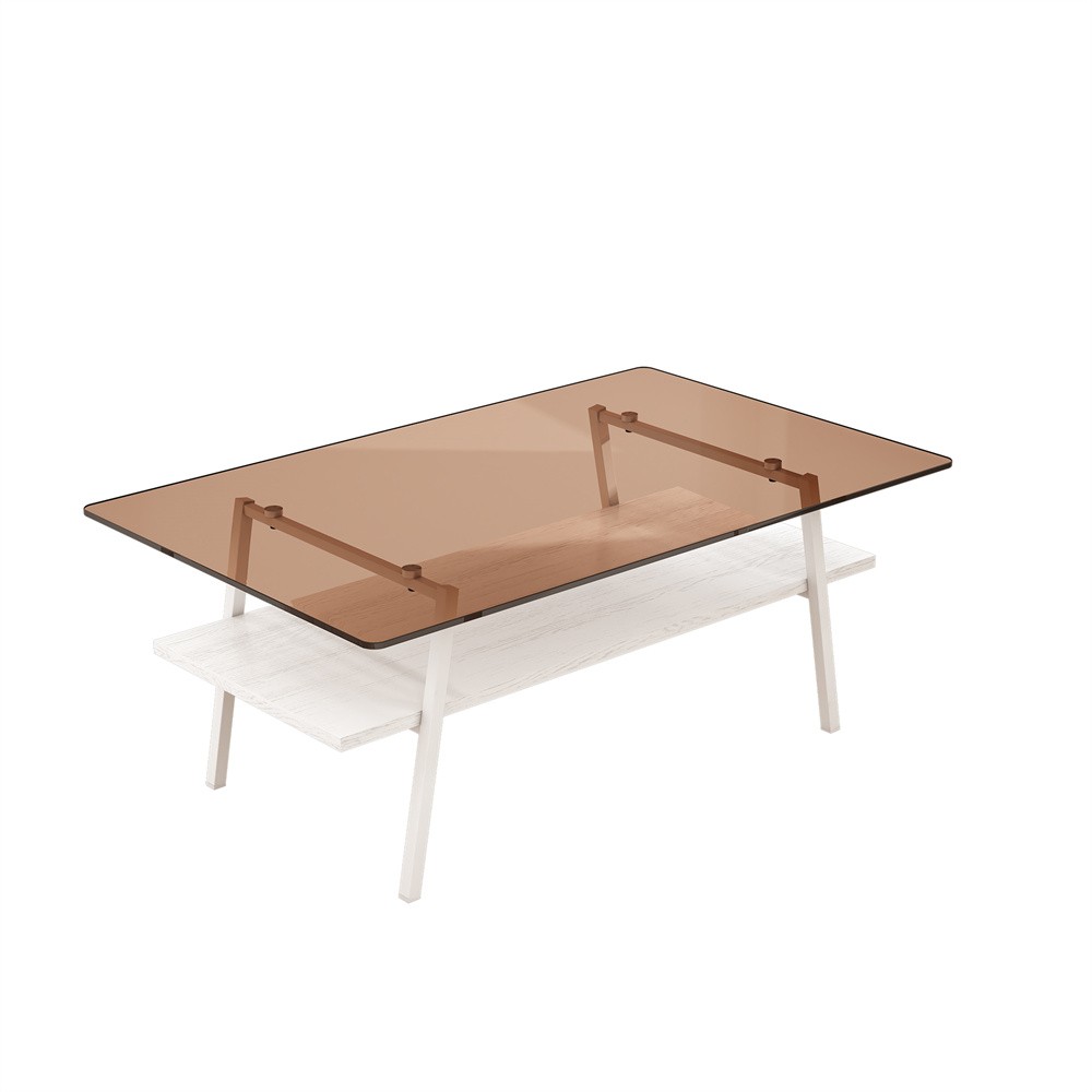 Brown Tempered Glass Rectangular Coffee Table Have Storage Shelf Function