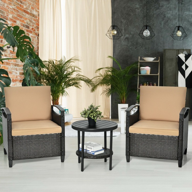 3pcs Outdoor PE Rattan Sofa Set Cushioned Sofas + Storage Table w/ Shelf
