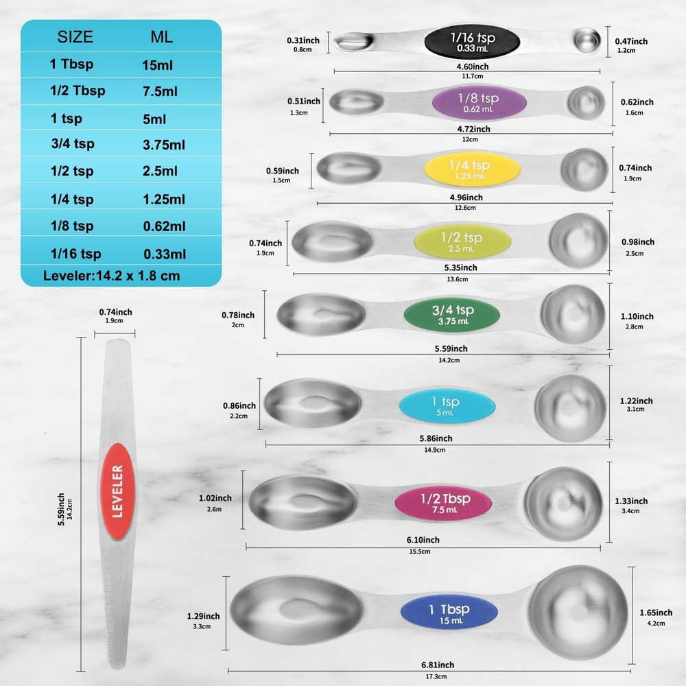 9Pcs Magnetic Measuring Spoon Set, Dual-Sided Tea Spoons with Leveling Tool