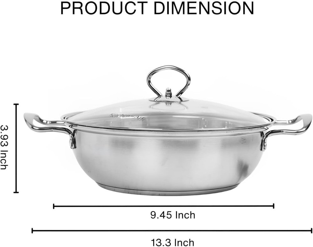 Stainless Steel Pan with Lid - Light & Thin Deep 10.5 inches,