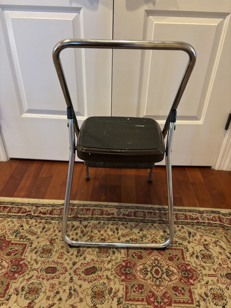 Vintage Cosco Two Step Folding Kitchen Garage Ladder Step Stool Brown & Chrome