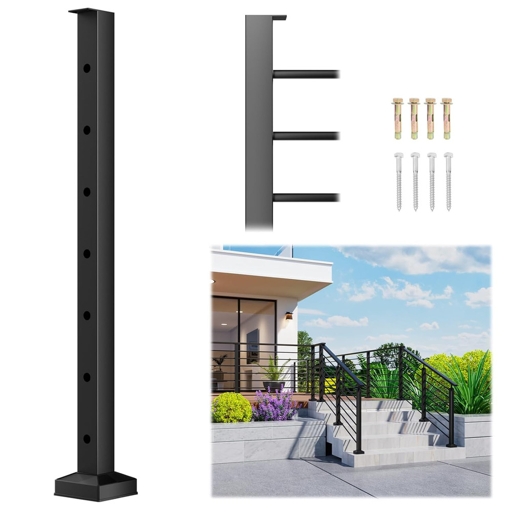 35" Horizontal Aluminum Deck Railing Post - Black Textured Finish