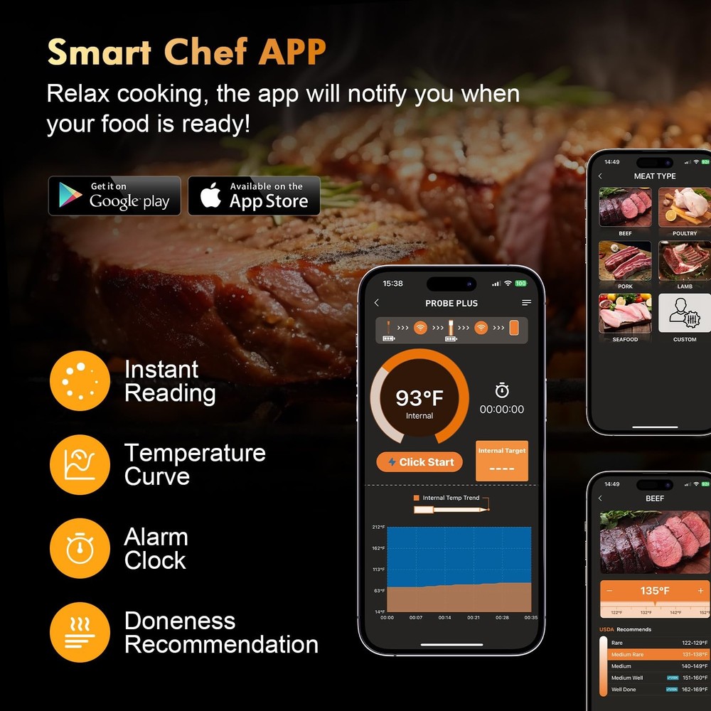 Wireless Meat Thermometer Digital, Instant Read, Long Bluetooth Range, Alarm,...