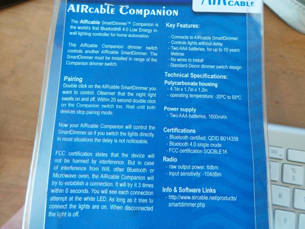 AIRcable Companion Switch Bluetooth Switch for Smart Dimmer Wireless