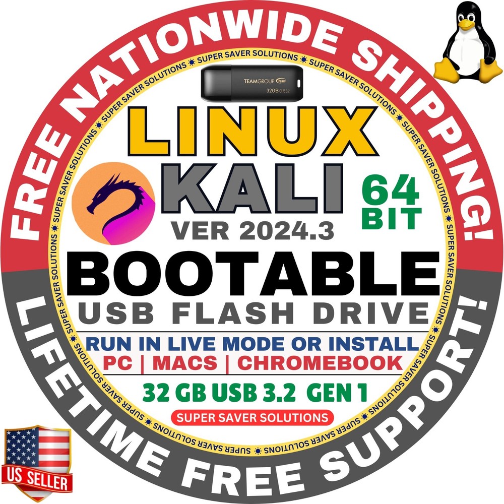 LINUX KALI 2024.3 USB 64-Bit Live Boot/Full Install PRO Security TEST Tools