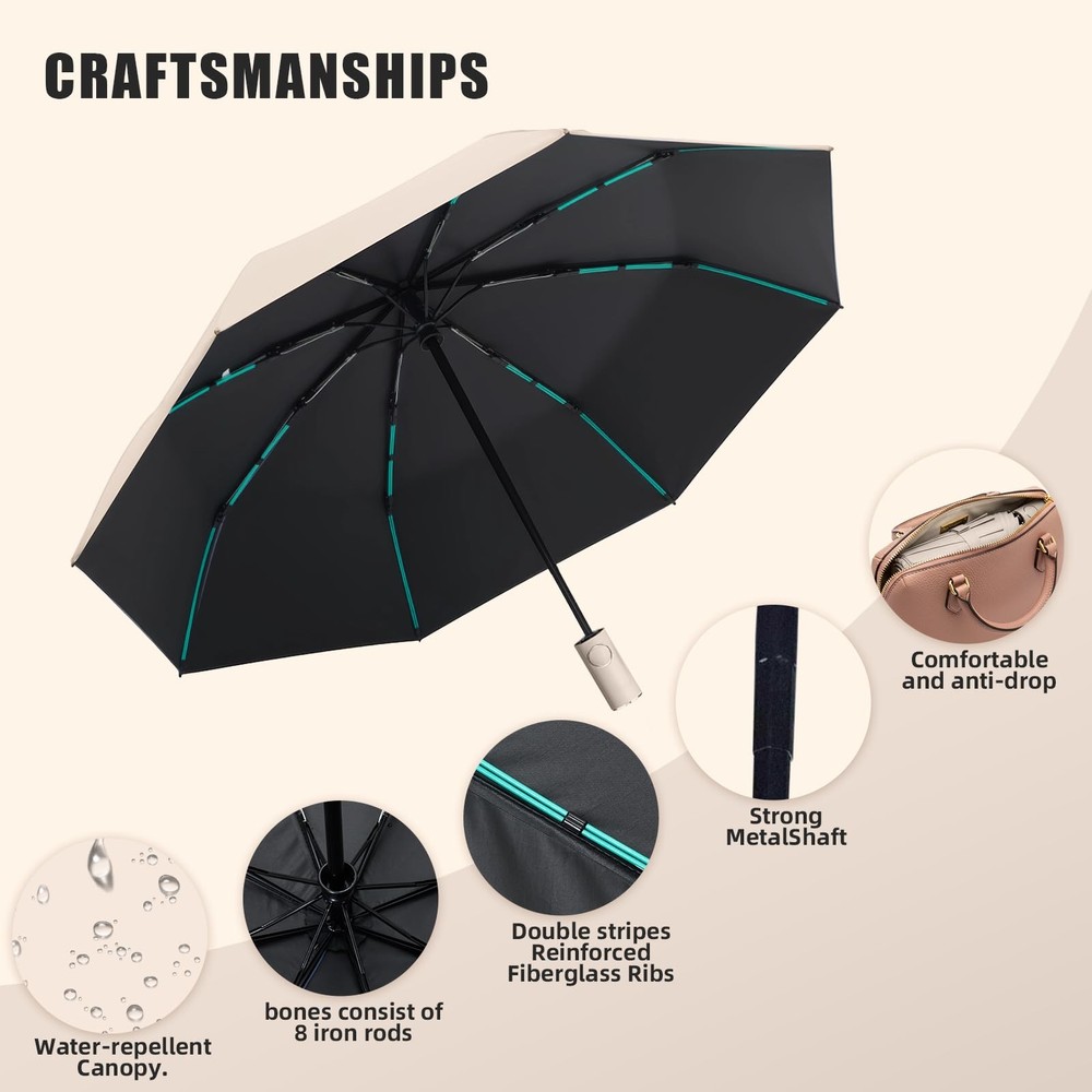 Compact Automatic Folding Travel Umbrella-Windproof Rainproof, PF50+ Sun Prot...