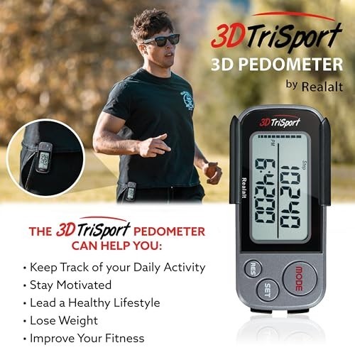3D Walking Pedometer with Clip & Strap - Accurate Step Counter, 30-Day Memory, L