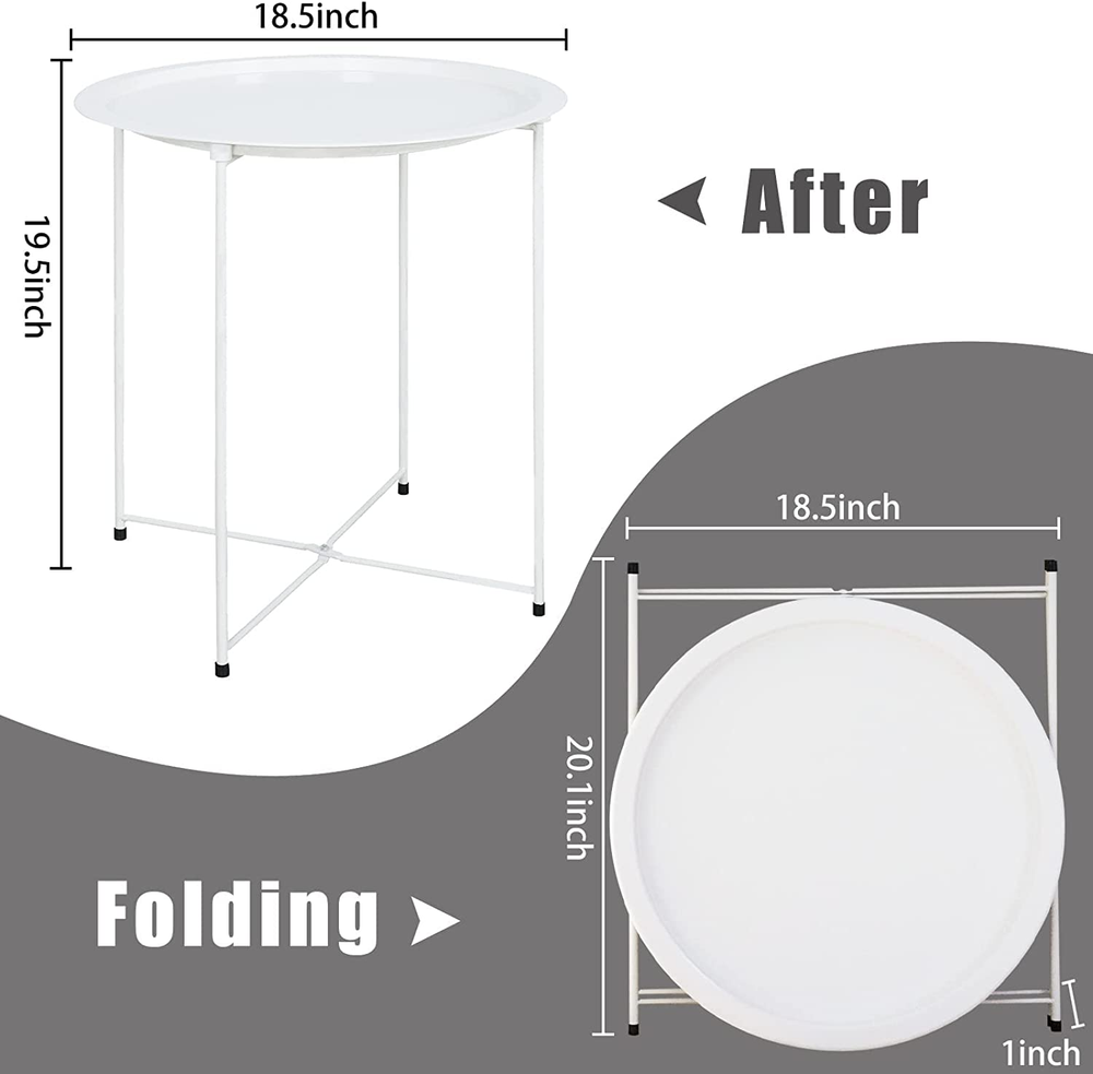 Folding Tray Metal Side Table White round End Table Cyan Sofa Small Accent Fold-