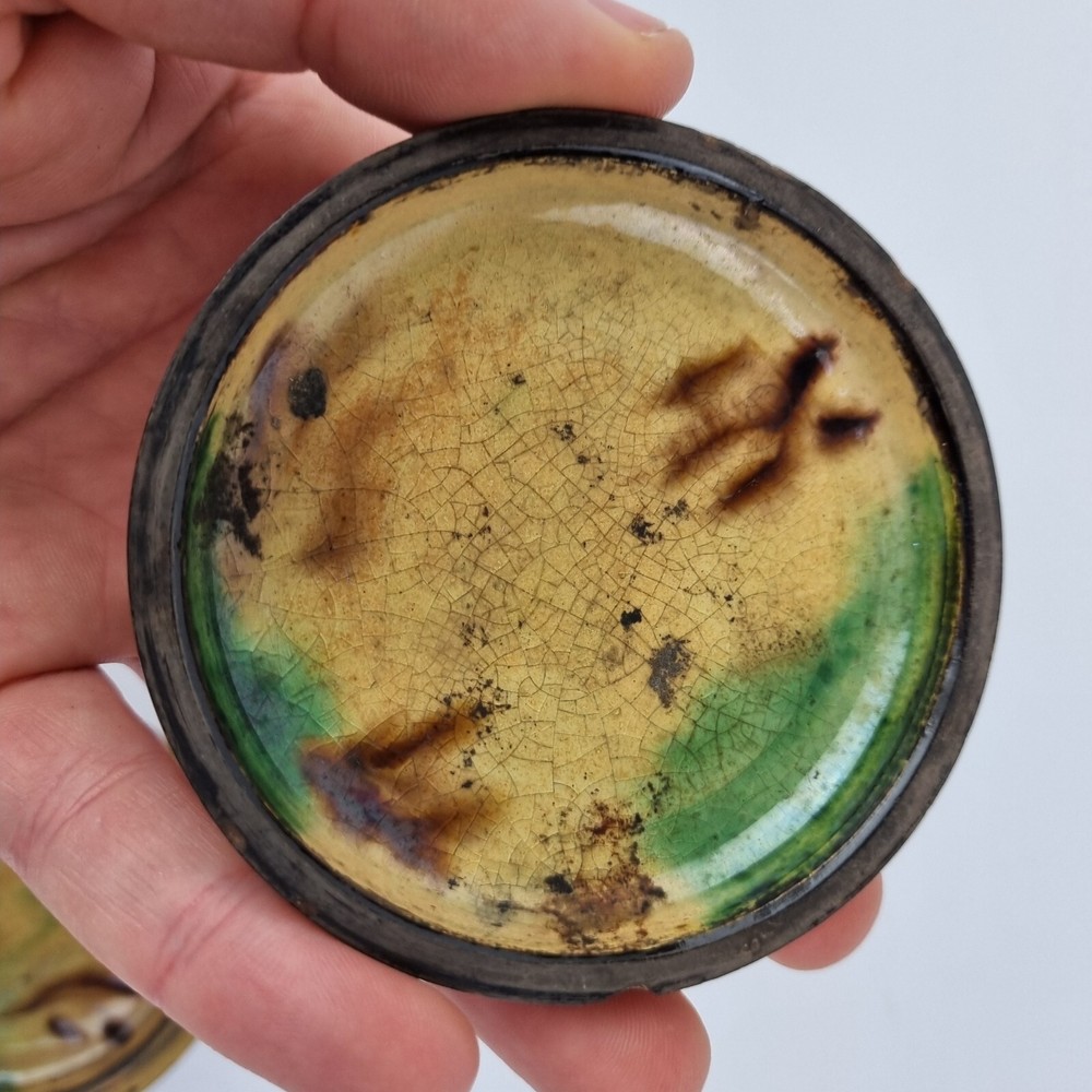Unusual Antique Japanese Lacquer Ware Circular Box Glazed Ceramic Interior Signd