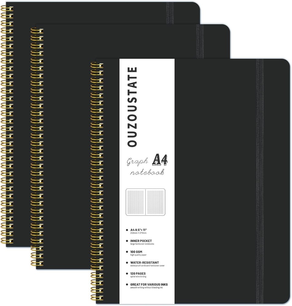 Spiral Graph Notebook 8.5” x 11”, A4 Bla Grid Paper Notebook, 120 Pas