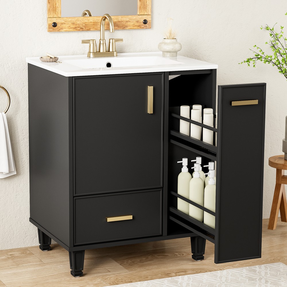 Bathroom Vanity with Ceramic Sink Solid Wood Frame Storage Cabinet Deep Drawer