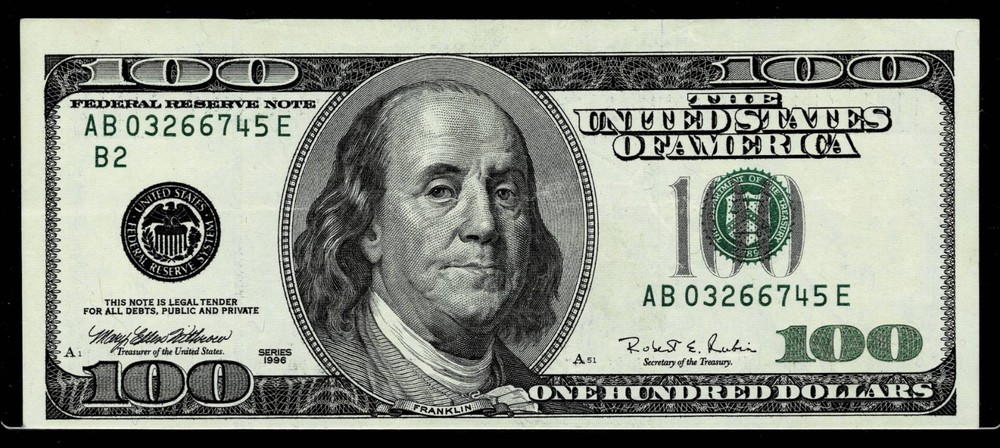 Misalignment Error 1996 $100 Federal Reserve Note. ALMOST UNCIRCULATED
