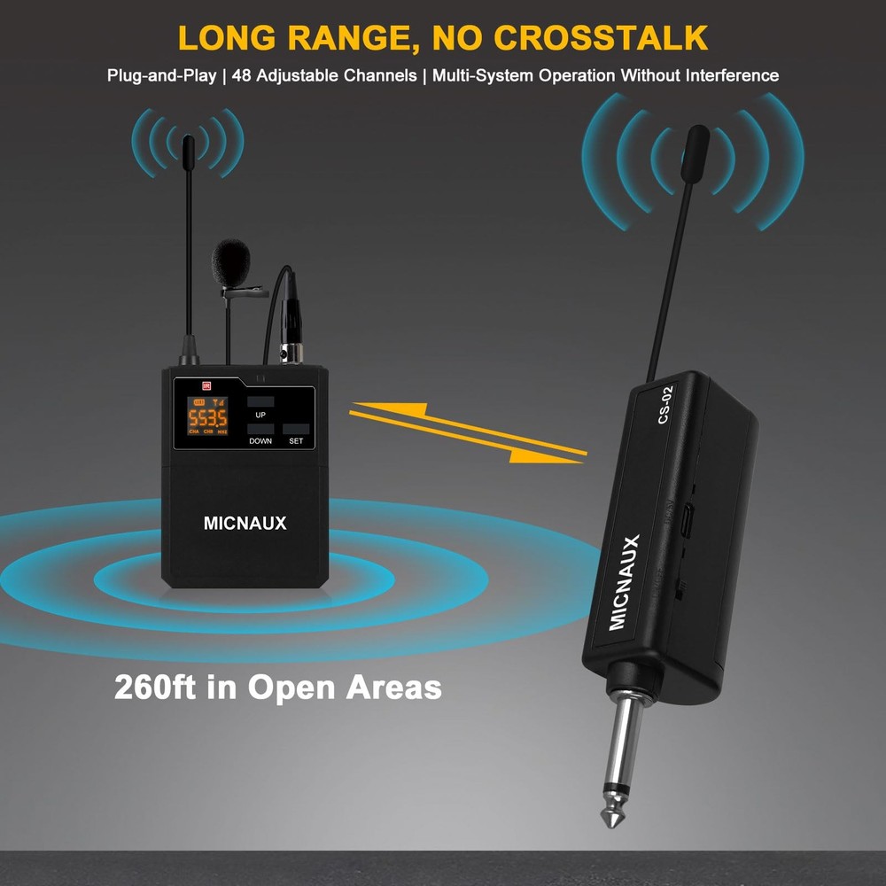 Wireless Lapel Microphone System with Headset & Lavalier Mics, Dual Bodypack ...