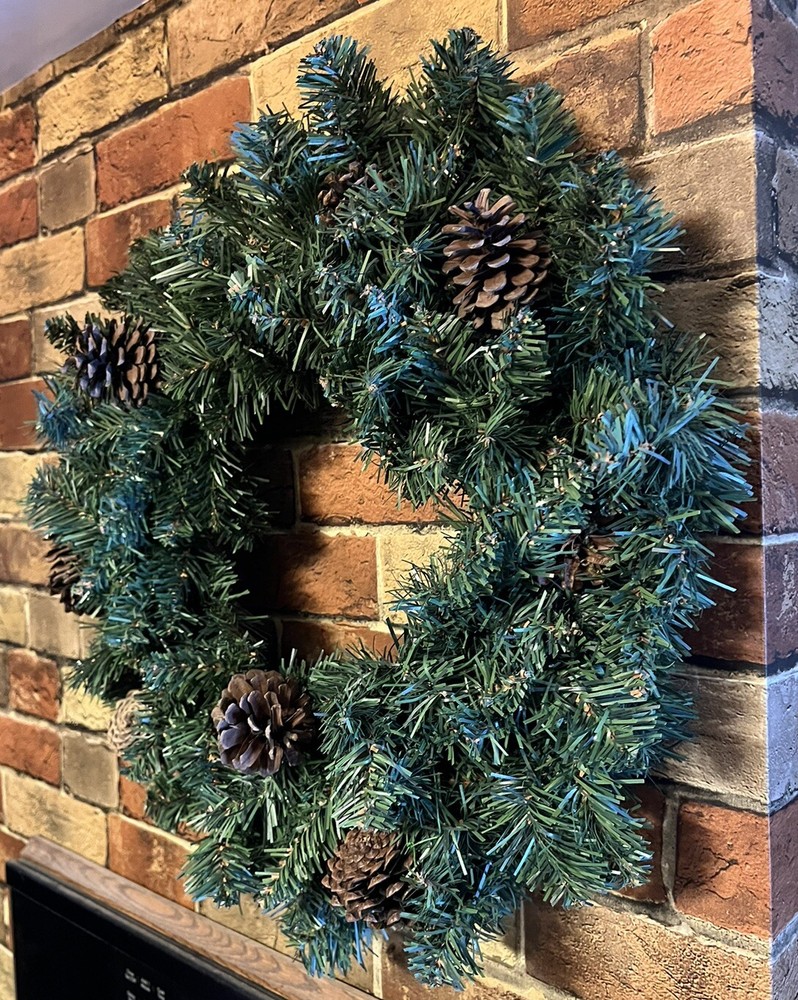 Artificial CHRISTMAS WREATH With PINE CONES 20” Across Front, 5” Deep Pre-Owned