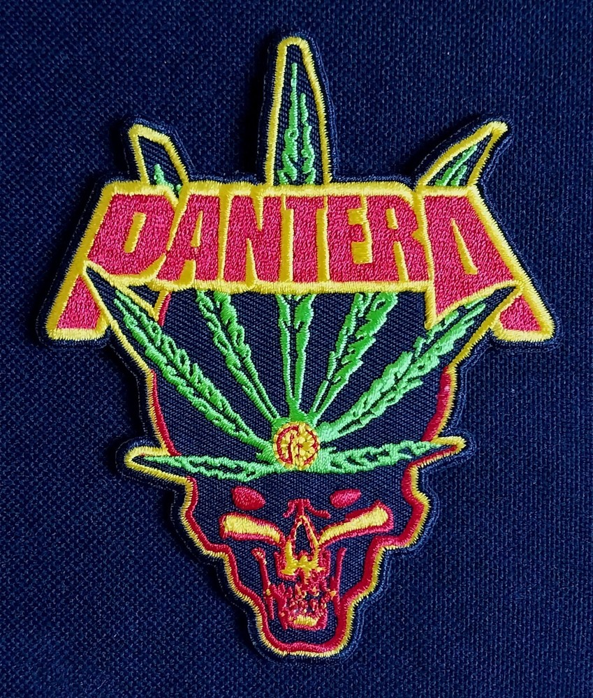 LICENSED PANTERA POT LEAF SKULL EMBROIDERED IRON ON BATTLE JACKET BAND PATCH