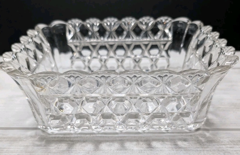 Vintage EAPG Clear Glass Honeycomb Hexagon Fan Rectangular Fruit Candy Bowl