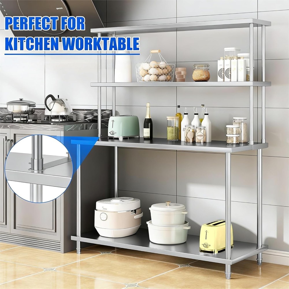 Stainless Steel Work Table: Adjustable & Overshelves for Kitchen & Warehouse