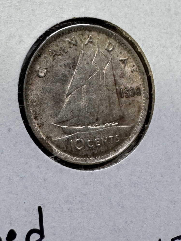 1938 Canada 10 Cents Silver Coin Cleaned