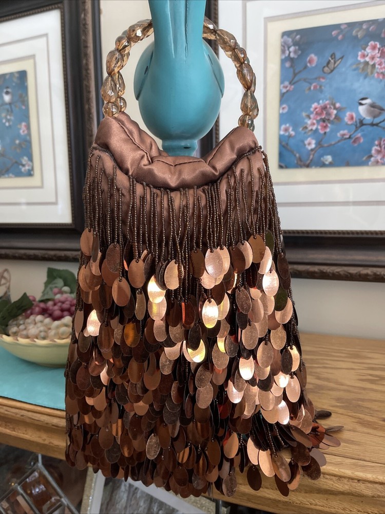Beaded Handles Sequins Bronze Hobo Boho Evening Purse Handbag