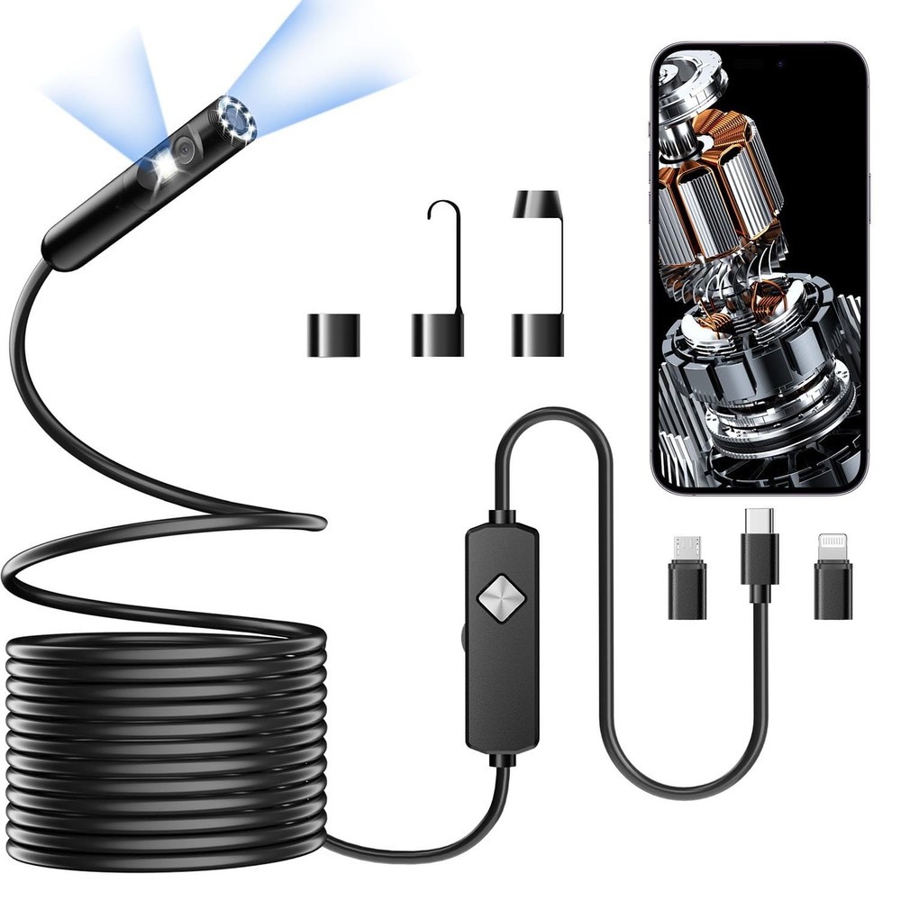 Endoscope with Light, 1920P HD Borescope with 8 Adjustable Lights, 16.4FT Sem...