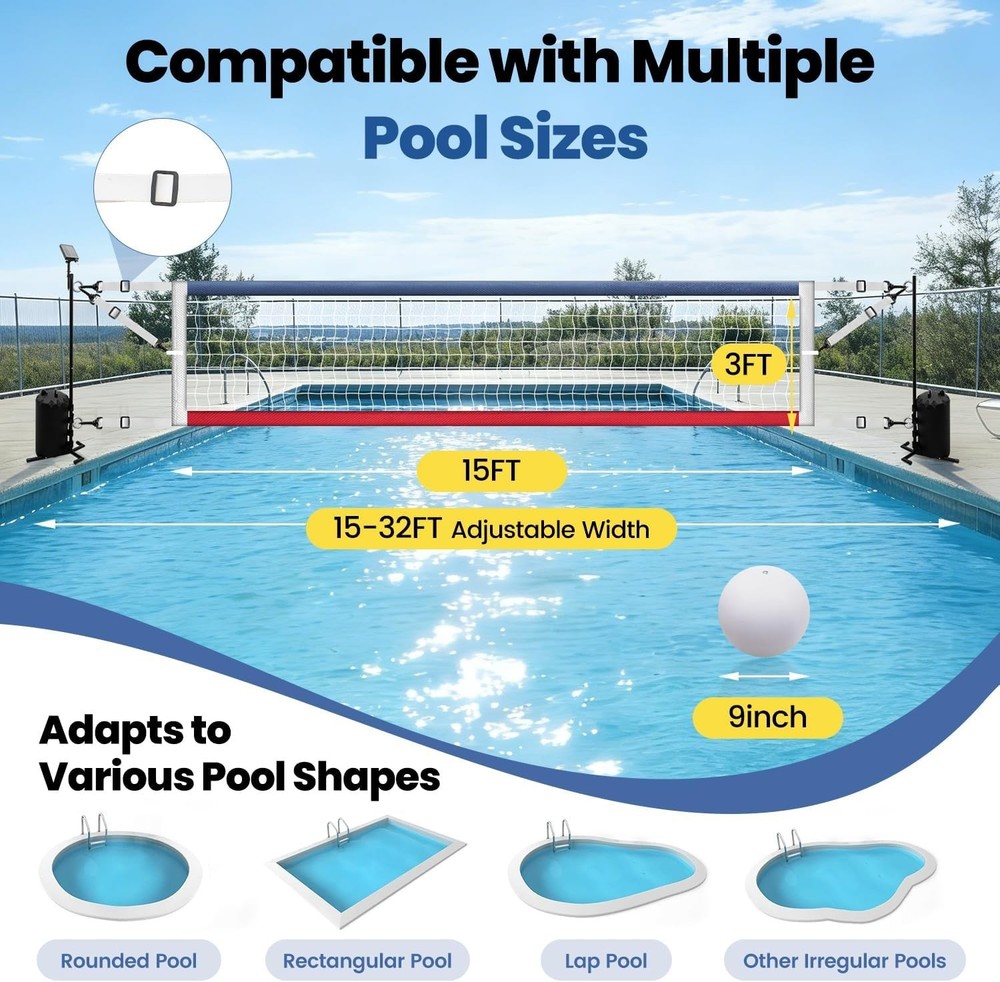 LED Pool Volleyball Net Set; Adjustable 15-32FT; Solar Lights; Weighted Base