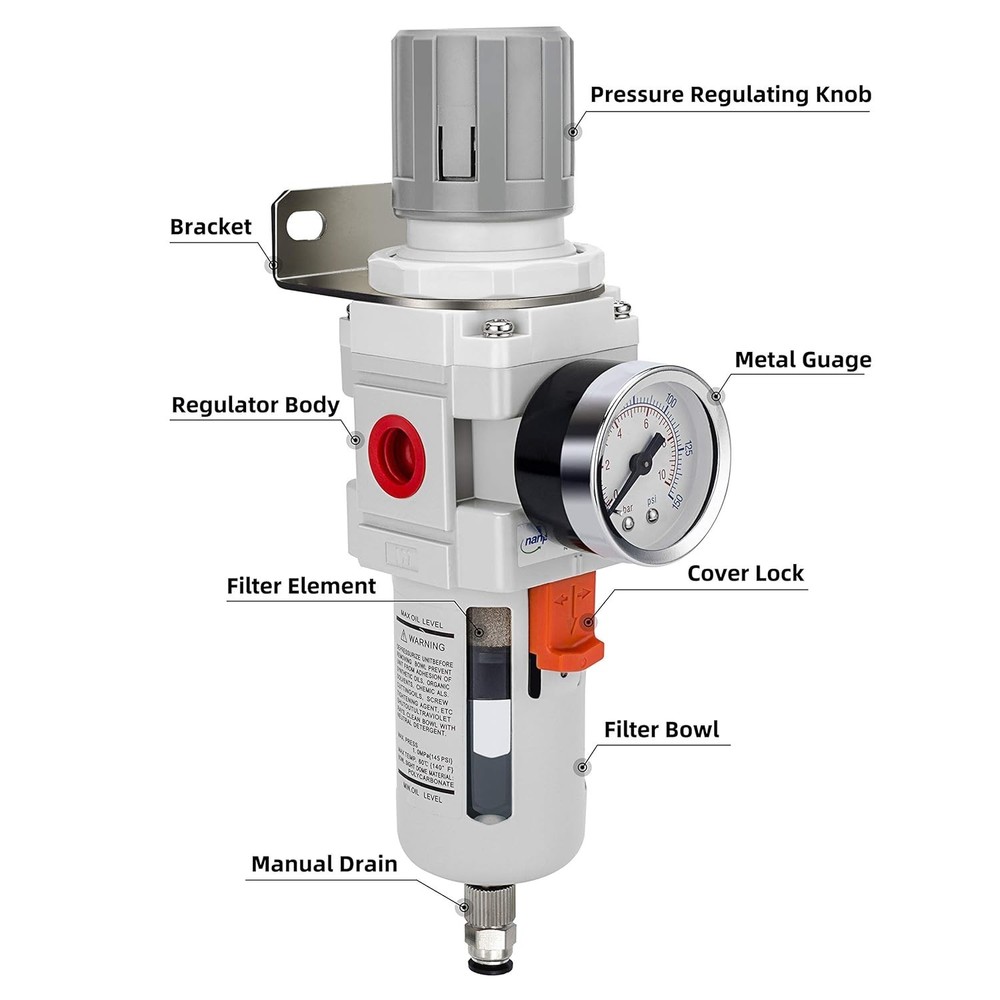 3/4" NPT Air Filter Regulator Combo 5 Micron Brass Element