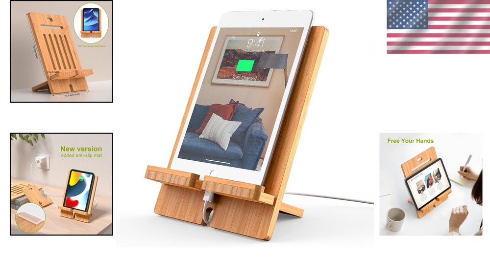 Multi-Angle Bamboo Tablet Holder for Smartphones & Tablets - Adjustable Size