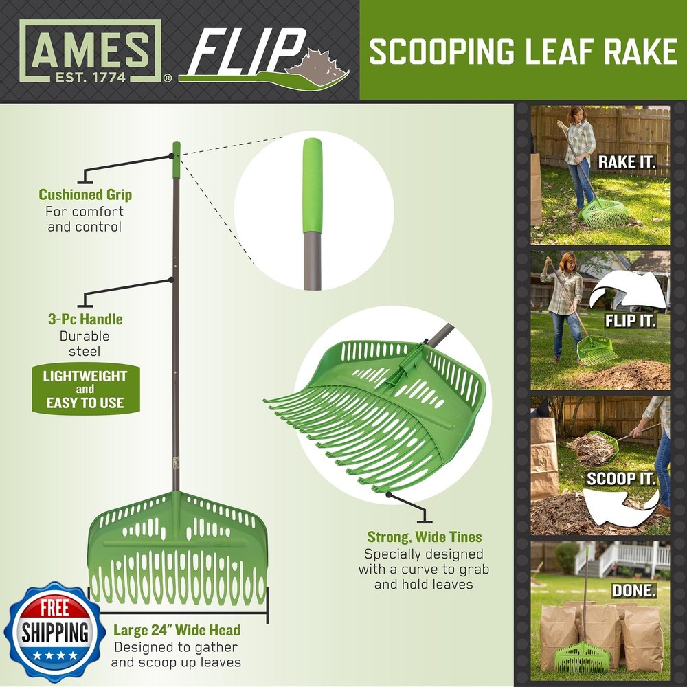 Flip Scooping Leaf Rake, Heavy Duty Lawn and Yard Care, Extra Wid