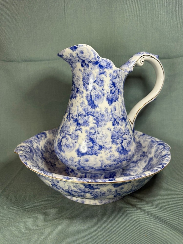 Handmade Pitcher & Basin Blue Transfer Gold Gilt Roses