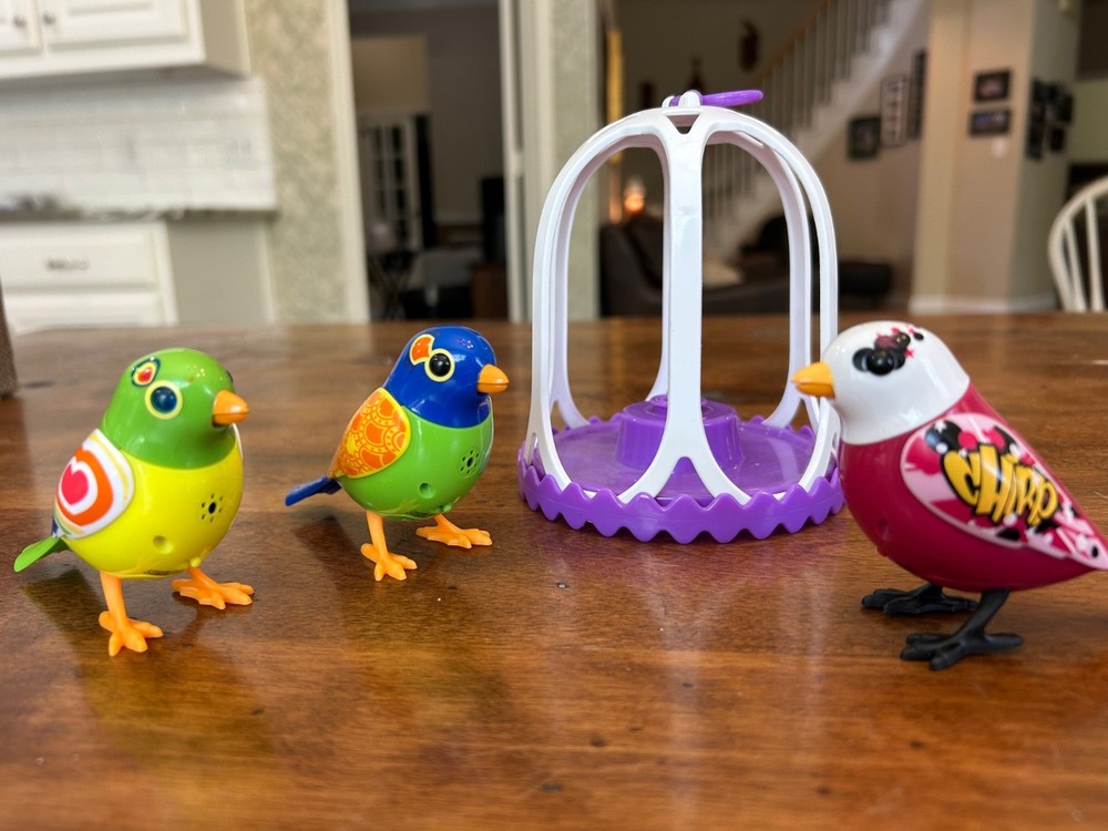 Set of 3 working interactive Silverlit DigiBirds,  singing birds,  with cage