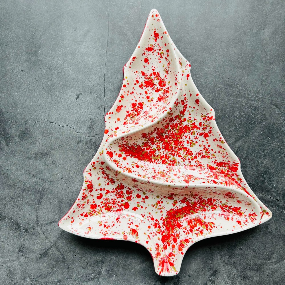 Red and White Speckled Ceramic Christmas Tree Divided Nut Candy Dish 11.5"