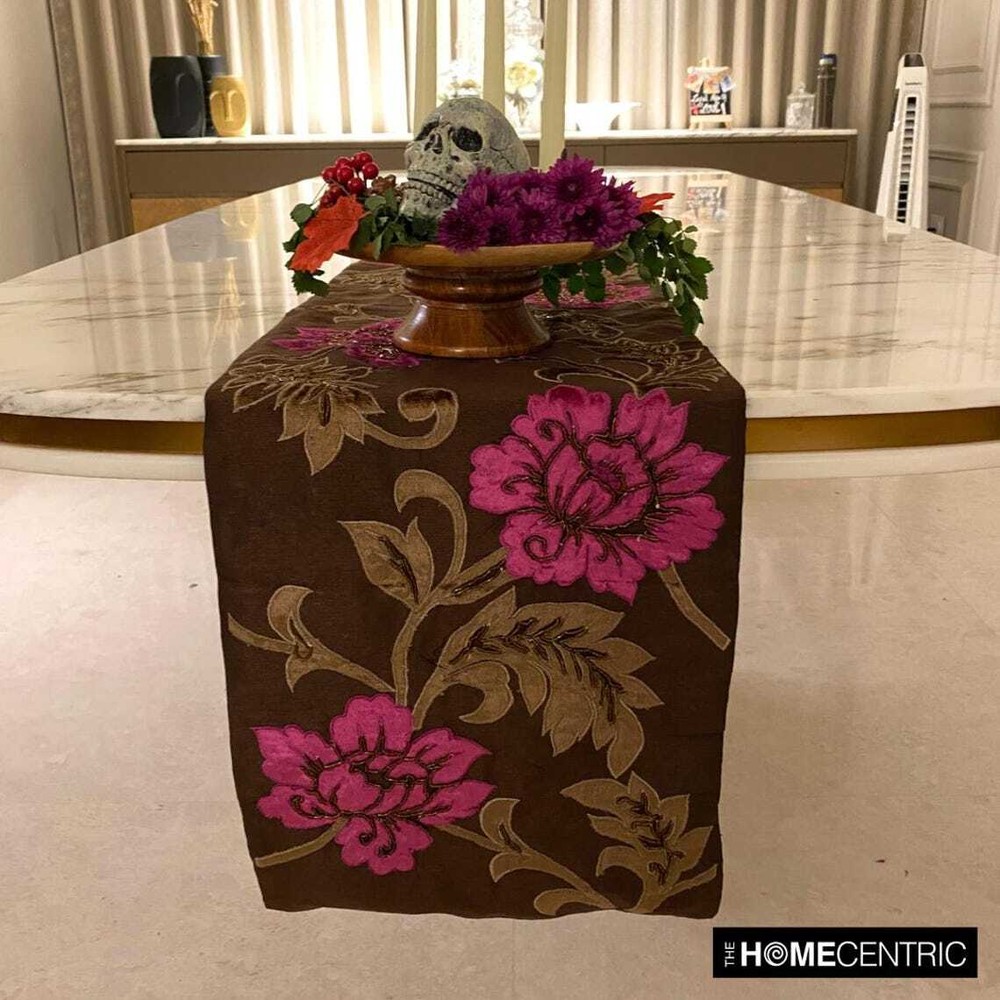 Decorative Table Runner Brown Silk Wedding Décor Table Décor - Blossoms Applique